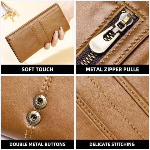Image of Wallets for Women RFID Blocking Long Ladies Wallet Bifold Womens Leather Wallet with Coin Pocket ID Window, Brown