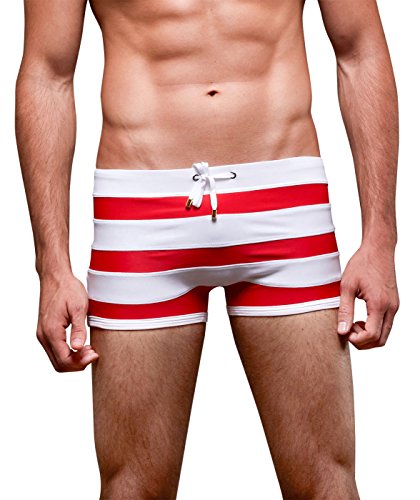 Panegy Men's Swim Trunks Short Quick Dry Swimsuit Solid Square Leg Swim Boxer Briefs S-L-Red Stripe/US S 