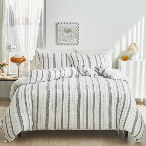 Tospass Boho Bettwäsche 135x200cm Grau Weiß 4Teilig Gestreift...