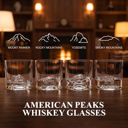 Image of LIITON American Peaks Whiskey Glasses, Set of 4, 10oz, Bourbon Glass | Thick Freezable Crystal Rock Glasses, Old fashioned Whiskey Gifts for Men, Cocktails, Scotch Glasses