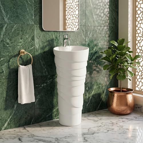 Image of InArt One Piece Ceramic Pedestal Free Standing Round Wash Basin for Living Room and Bathroom (15 x 15 x 34 Inch, White)