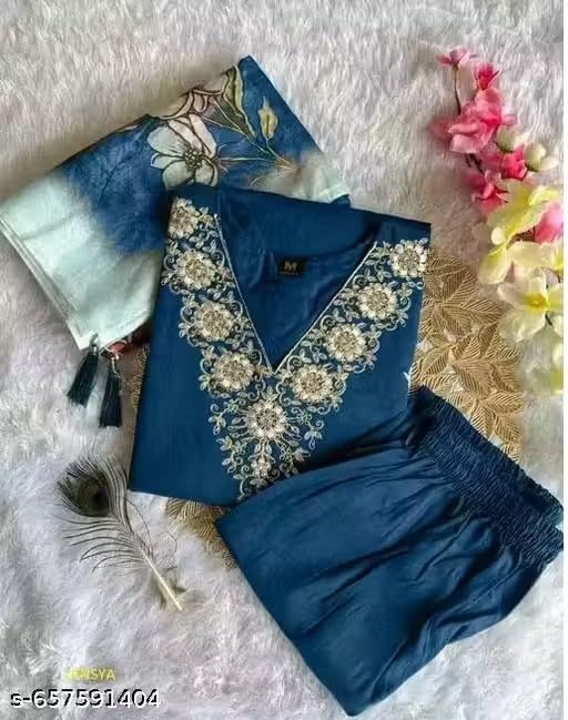 Image of Women's Chanderi Silk Kurti with Rayon Slub Pants & Dupatta | Printed Three-Quarter Sleeve Ethnic Setv Turquose