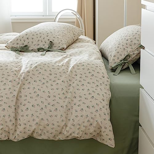 VM VOUGEMARKET Duvet Cover Set Twin 100% Cotton 3 Pcs Girls Green Floral Comforter Cover with Zipper Closure,Cottagecore Style Duvet Cover + 2 Pillowcases with Bowknot-68x86 Inch