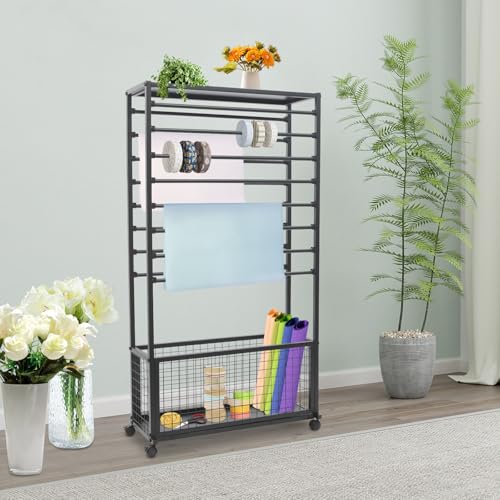 Image of CNCEST Double-Sided 16-Layer Ribbon Holder Organizer Rack,Free Standing Mobile Ribbon Holder,Metal Ribbon Stand Organizer Ribbon Storage Shelf for Craft Room,Wrapping Paper (Black,31.5x12.6x59.06in)
