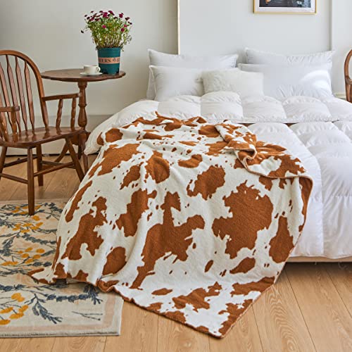 Ultra Soft Cozy White And Black Cow Print Microfiber Knitted Throw Blanket Lightweight Fleece For Sofa Bed 51X63 Inches (Cow Brown, Throw 51"X63") #TOP1
