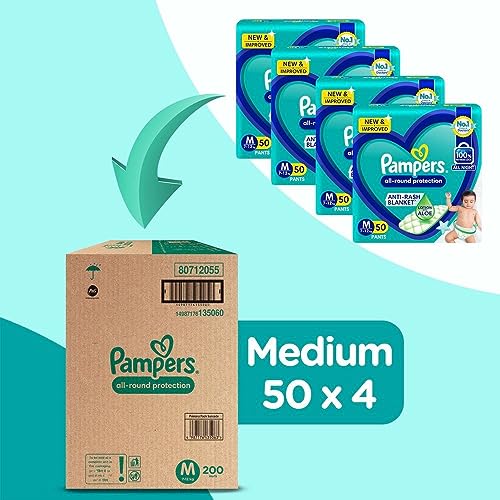 Image of Pampers Complete Skin Comfort Pants| Pant style Diaper Medium, 200 count| Anti-Rash blanket lotion with Vit E and Aloe Vera | All night protection with leak proof technology( 50 Count, Pack of 4)