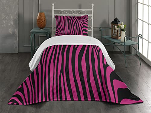 Ambesonne Pink Zebra Coverlet, Animal Wilderness Pattern Jungle Mammal Fashion Boho Graphic, 2 Piece Decorative Quilted Bedspread Set with 1 Pillow Sham, Twin Size, Hot Pink Black