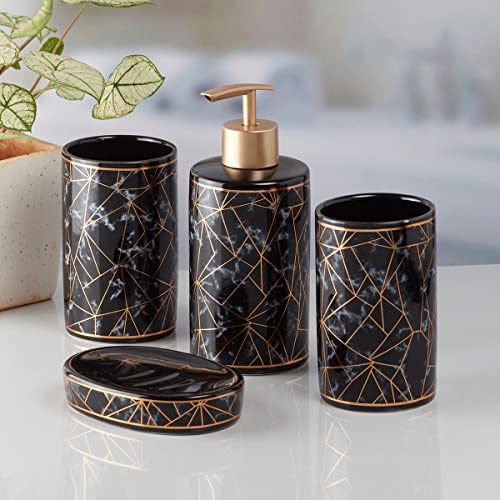 Image of Kookee Ceramic Bathroom Set - Stylish 4 Piece Bath Accessories Kit with Soap Dispenser, Toothbrush Holder, Tumbler & Soap Dish - Modern & Designer Decor for Home & Guest Bathrooms, Black /Gold (9757)
