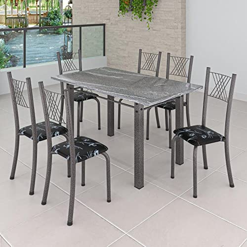 Conjunto Mesa com 6 Cadeiras Tampo de Granito Topázio Sara  Preto Floral/Mart Prata