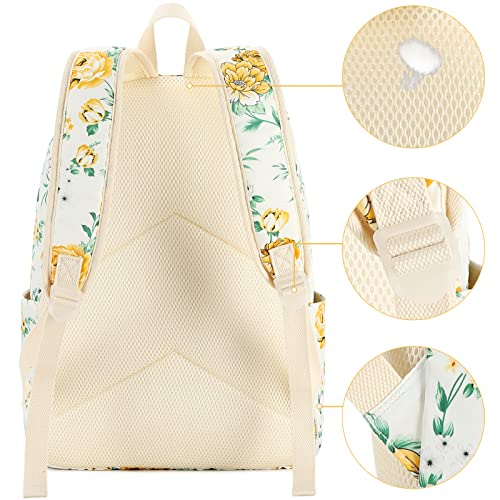 Ledaou Backpack For Teen Girls School Bags Kids Bookbags Set School Backpack With Lunch Box And Pencil Case (Yellow White Flowers) #TOP5