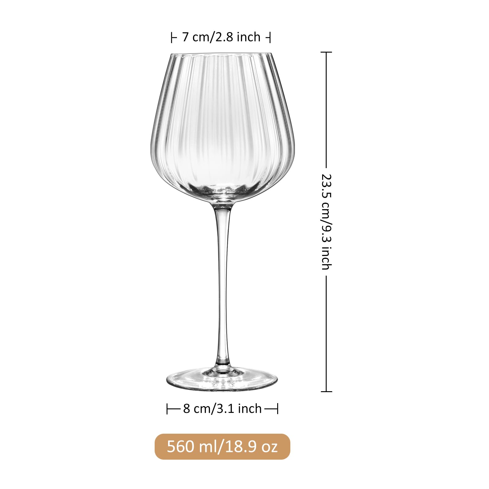 Joeyan Soufflé à la Main Verre a Vin en Cristal,Verres à Vin Blanc de Dégustation Nervuré,Grand Verres à Vin Rouge à Pied Transparent,pour Mariage et Fête,560 ML,Lot de 2