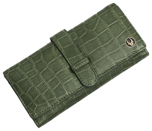 Image of WildHorn Women's Genuine Leather RFID Blocking Wallet | Tri-Fold High-Capacity Ladies Purse with Card Slots, Zipper Coin Pocket & Snap Closure | Ideal Gift for Women (Green Croc)