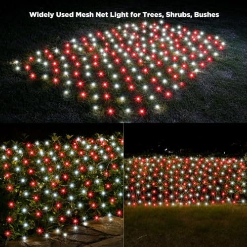 Image of Led Net Lights Christmas Lights Outdoor 200Led 9ftx6ft Upgraded Red and White Christmas Net Lighting, Waterproof 5mm LED Wide Angle Outdoor Indoor Mesh Net Light for Tree, Bushes, Shrubs Decorations