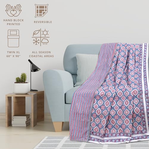 Image of TOAIArt Premium Jaipuri Dohar | AC Blanket Summer Quilt | Hand Block Printed | 3 Layers | Reversible | 150GSM 100% Mulmul Cotton | 100% Cotton Flannel Filling | Single 60 inch X 90 inch |Spanish Villa
