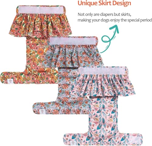 Image of CuteBone Female Dog Diapers with Skirts 3 Pack Reusable Puppy Dresses Pants for Heat Cycle Period QBD12S