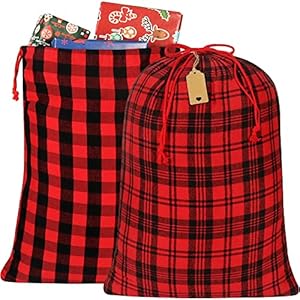 HRX Package 2pcs Cotton Santa Bag, 28×20 inch Plaid Fabric Drawstring Christmas Bags, Reusable Cloth Wrapping Bag with…