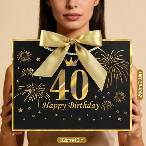 Image of JMANNI Black Gold 40th Birthday Gift Bag with Card and Tissue Paper, 12.6 inchx9.84 inchx3.9 inch Elegant Present Bag for Adults, 40 Year Old Birthday Keepsake Party Supplies