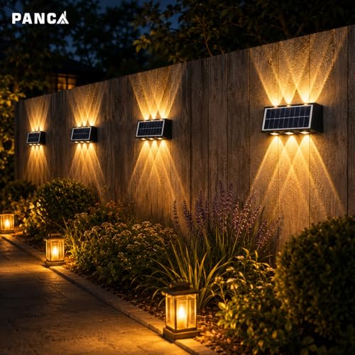 Image of PANCA 6W Solar Wall Lights Outdoor Waterproof IP65, Warm White Up Down LED Wall Lamp with 1200mAh Battery, Auto On /Off Dusk to Dawn Solar Light for Garden Fence Gate Patio Balcony Pathway