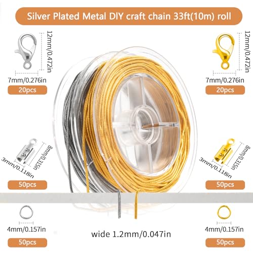 33ft Snake Chain Roll – Silver & Gold Jewelry Findings with Lobster Clasps, Jump Rings, and End Caps – DIY Necklace, Bracelet & Keychain Supplies3