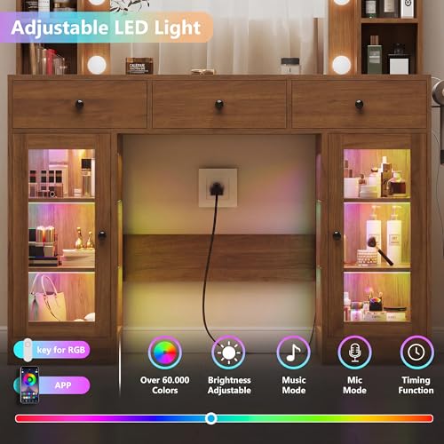 Image of HUANLEGO Walnut Vanity Desk with Mirror and Lights, Glass Top Vanity with Lighted Mirror & RGB Glass Cabinet and 3 Drawers, Makeup Vanity Desk with Lights Dressing Table for Bedroom, 3 Color Modes