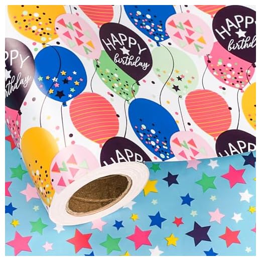 LeZakaa Reversible Birthday Wrapping Paper Jumbo Roll - Colorful Balloon & Stars - 24 inches x 100 Feet (200 sq.ft.)
