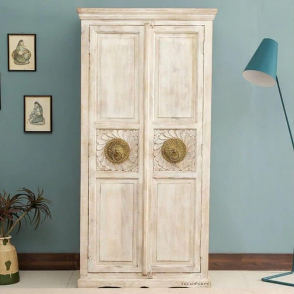 FURNWEAVE Wooden Wardrobe for Bedroom | Solid Mango Wood Almirah for Clothes Storage | Antique Cabinet with Shelves | Designer Wooden Closet Storage Furniture (Off White Distress)-image-41