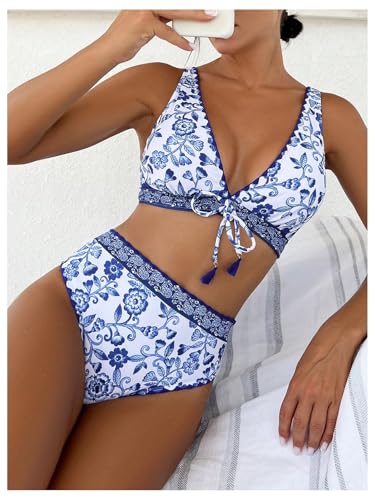 SweatyRocks Women's 2 Piece Bathing Suit Floral Print V Neck Bikini Swimsuit Tie Front High Waisted Bikini Set4