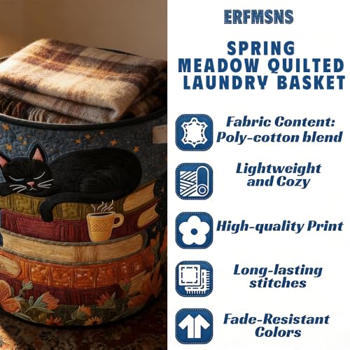 Image of Cat Quilted Laundry Basket - 18 inch /22 inch /28 inch, 2026 Large Quilted Cat Laundry Basket with Handles, Cozy Cat Fabric Storage Hamper for Nursery, Bedroom, Laundry Room, Clothes & Toys (2, S 14 inchX18 inch)