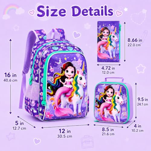 Image of 16 inch Mermaid Backpack for Girls, 3Pcs Unicorn Kids Bookbag with Lunch Box,School Backpacks for Elementary Preschool Kindergarten (Purple)