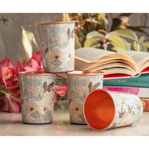 Image of INDIAN ART VILLA Copper Gold Print Design Glass - 275 ML, Ayurvedic Copper Drinkware for Daily Use, Elegant Handcrafted Water Glass for Home, Office, and Gifting, Set of 4