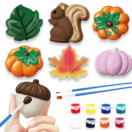 ArtCreativity Thanksgiving Ceramic Painting Craft - 7 Pack - Kids Fall Crafts Includes 7 Ceramic Figures, 8 Paint Set, 2 Brushes, 7 Adhesive Magnet - DIY Thanksgiving Paint Activity for Toddlers 3-8