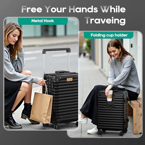 Image of Joyway 20 Inch Carry on Luggage with Aluminium Frame and Front Pocket, PC Hardshell Suitcase with USB Port and Cup Holder, 21.5x14.2x9 Airline Approved, Luggage with Spinner Wheels and TSA Lock(Black)