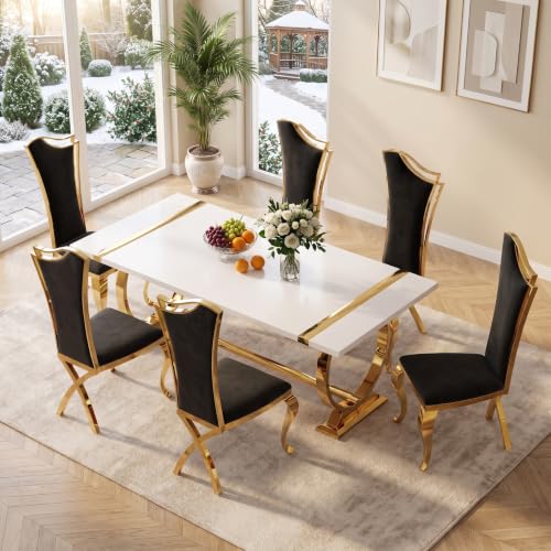 BQueen Modern Dining Table Set for 6, White Table with Black Velvet Chairs