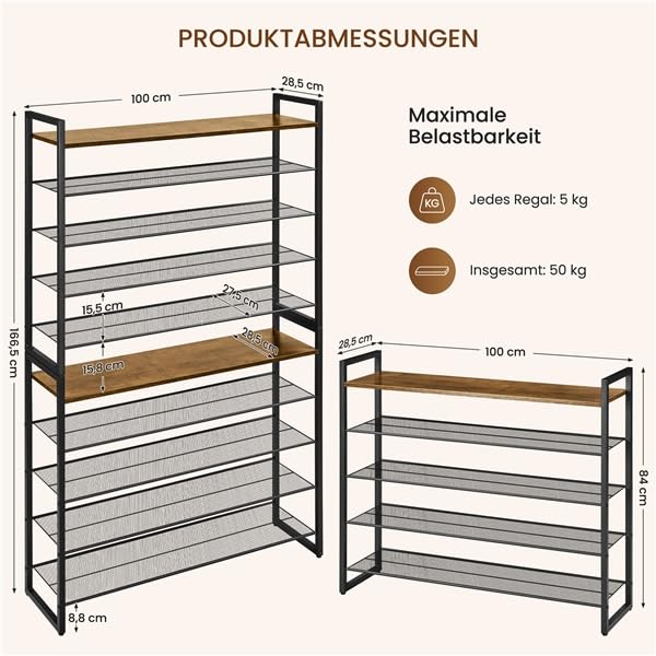 Yaheetech Schuhregal Schuhablage 10 Ebenen, verstellbares Metallgitterregal, große Oberfläche, Metallgestell, für 40-50 Paar Schuhe, Eingang, Korridor, Rustikal-Braun