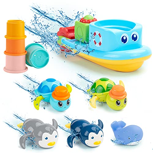 UNIH Bath Toys for 1-5 Year Old Boy Girls Gifts Swim Pool Bath Toys, Fun Baby Bathtub Toy for Toddler, for Baby Boy Birthday Gifts, Stack Cup Toy, Turtle Toy, Penguin Toy, Boat Toy, Whale Toy