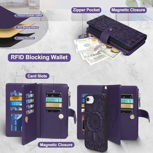 Harryshell 2 in 1 for iPhone 16e 17e Wallet Case Magnetic Compatible with Magsafe RFID Blocking Card Holder Detachable Phone Cover Zipper Purse Kickstand Wrist Strap for Men Women Floral Purple - image 3