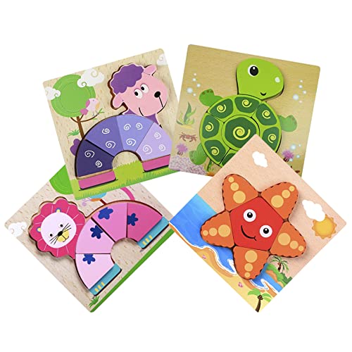 Image of WISHKEY Set of Jigsaw Wooden Animal Vehicle Puzzle Early Age Matching Game Learning Educational Preschool Toy Random Design Puzzles for Toddlers & Kids (Pack of 4, Multicolor)
