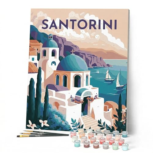 Figured'Art Malen Nach Zahlen Erwachsene Mit Rahmen Reiseplakat Santorini - Paint by Numbers Basteln DIY Bastelset 40x50cm - Leinwand gespannt auf Holzrahmen