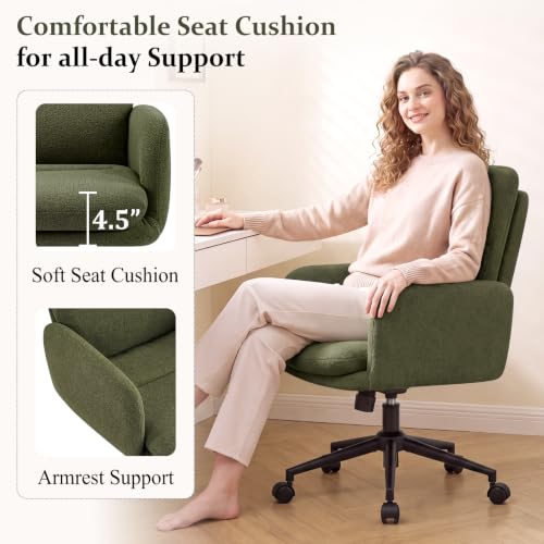 Image of Comfortable Ergonomic Office Chair, Upholstered Desk Chair with Double-Layer Cushioning, Adjustable Height Swivel Task Chair with Padded Armrests, Rolling Wheels and Metal Base, Green