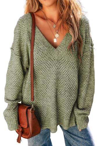 OCSTRADE Women's Parchment Loose Eyelet V Neck Drop Shoulder Sweater Trendy 2024 Fall Winter Clothes