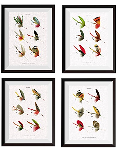 Uhomate 4 pcs Lake Fishing Lures Wall Decor Lake Lure Print Lake Baits Lake Flies Paintings Set Home Canvas Wall Art Gift Wall Decor for Bathroom Bedroom Living Room Unframed M024