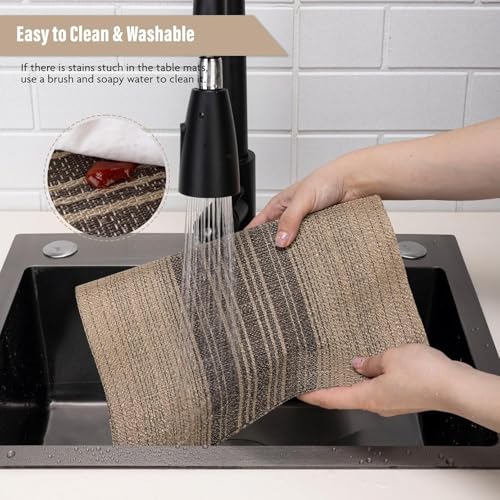 Image of Placemats Set of 6 Dining Table Place Mats | Placemats Table Mat PVC Material | Non-Slip Heat Resistant | Dining Tablemates Washable Anti-Skid | Size 45 x 30cm (Beige & Black)