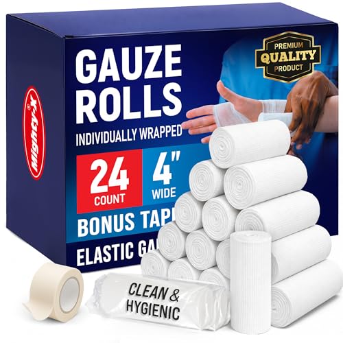 24 Gauze Rolls - 4' x 4.1yd - Soft and Breathable Rolled Gauze - Latex-Free Premium Individually Wrapped Bandages with Bonus Tape - First Aid Conforming Stretch Wrap for Wound Care - Vet Wrap