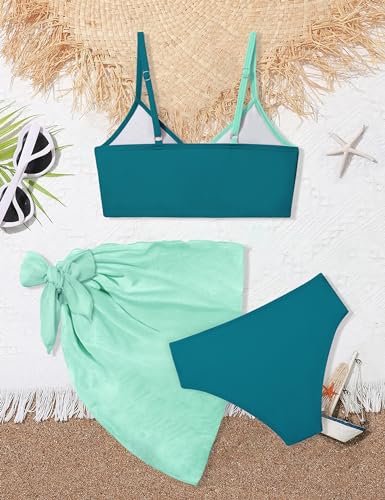 Image of Girls Swimsuit V Neck Bikini Set Color Block with Cover Up 3Pcs Bathing Suits