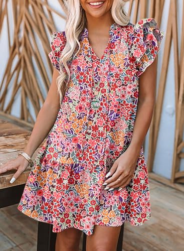Image of Dokotoo Womens Summer Dresses 2026 V-Neck Drawstring Ruffle Cap Short Sleeve Side Pockets Mini Dress Sundress