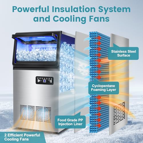 Image of Commercial Ice Maker Machine 150LBS /24H, Dual Water Inlet Options, Stainless Steel Air Cooled Freestanding /Under Counter Ice Maker Smart LCD, Self-Cleaning, Quiet for Home, Bar, Restaurant