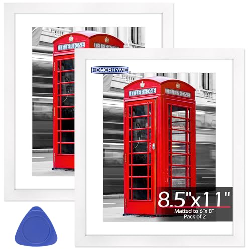 HOMERHYME 8.5x11 Picture Frame Set of 2 White Photo Frames for Gallery Wall Mounting Display Pictures 6x8 with Mat or 8.5 by 11 Without Certificate Frame with Plexiglass for Home Office Wall Decor
