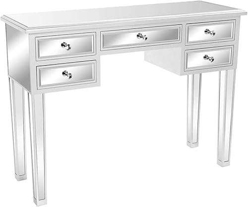 Bonnlo Mesa de tocador con espejo con 5 cajones, mesa consola plateada para entrada, mesa de sofá moderna, color plateado