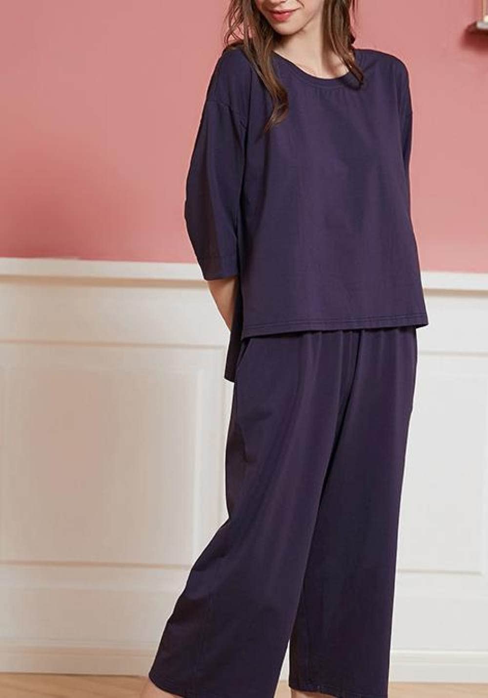SNPP Été Pyjama Femme,Ensemble De Pyjama Confortable D'Été, Pyjama Deux Pièces Frais Et Confortable, Ensemble Bleu Marine À Manches Courtes Et Pantalon Rose, Vêtements De Maison pour Un Usage Quot