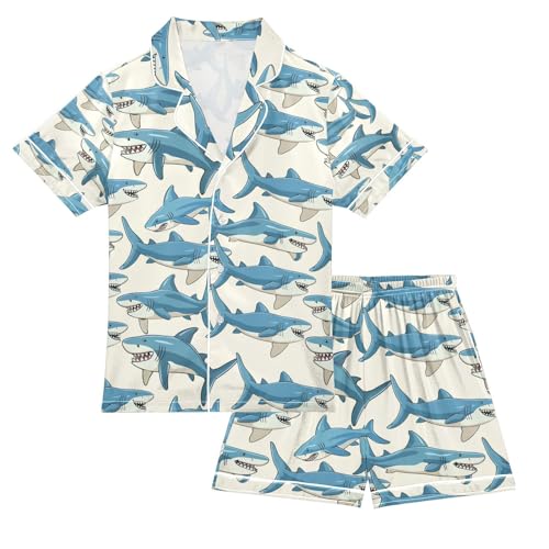 senya Sharks Satin Summer Pajama Sets Silk Short Sleeve Button Down Sleepwear